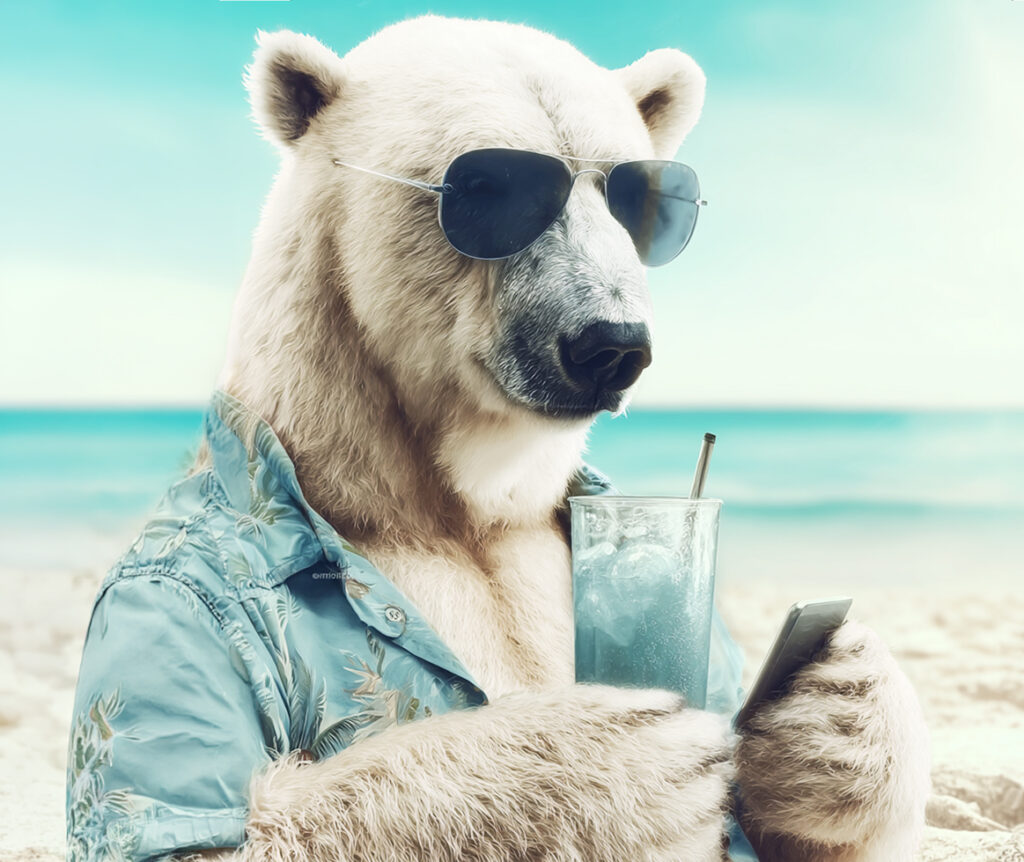 Polar bear in sunglasses on the beach with a cold drink and a phone